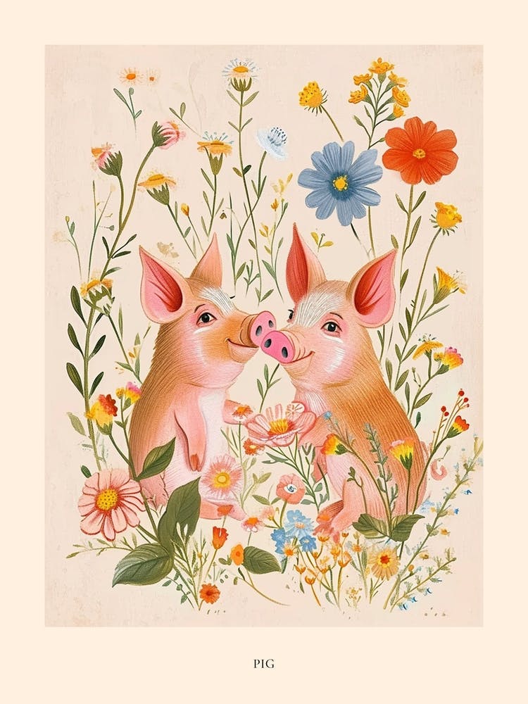 Folksy Floral Animal Drawing Pig Poster