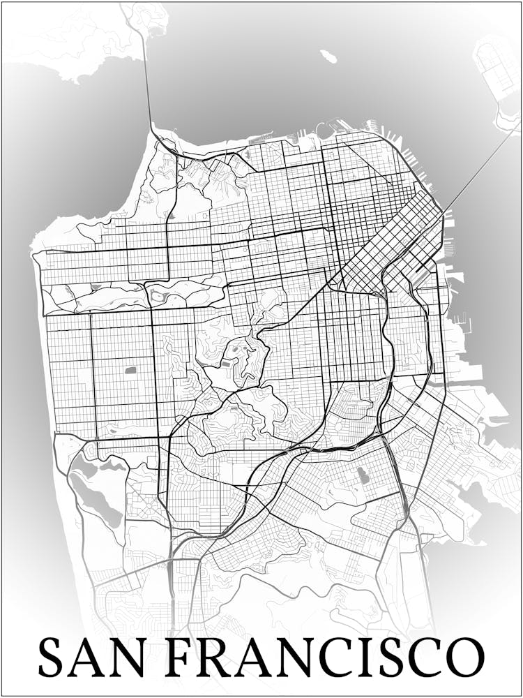 San Francisco, California, United States, City Map, Black And White Fade Design 1