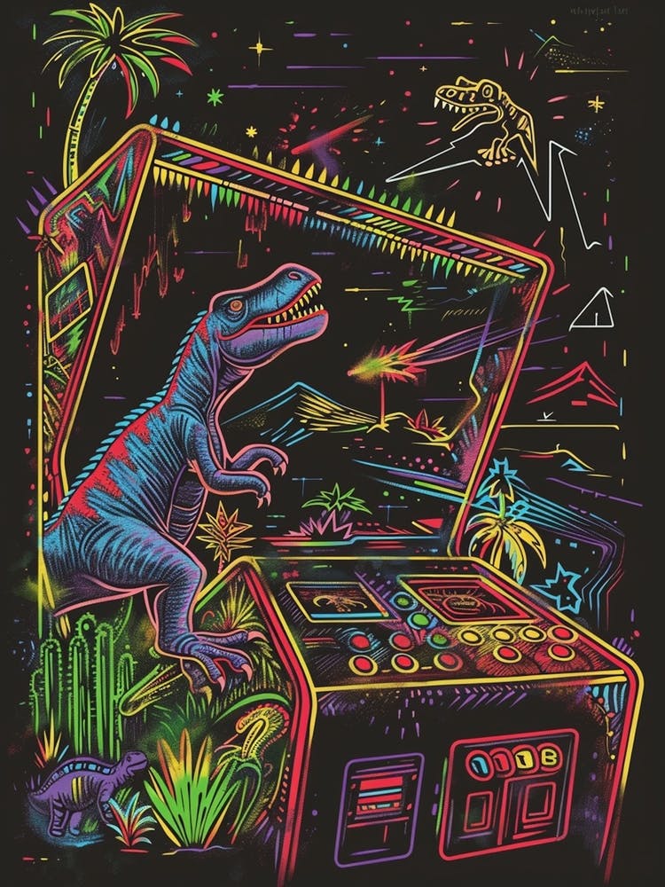 Neon Abstract Dinosaur Video Game Scene