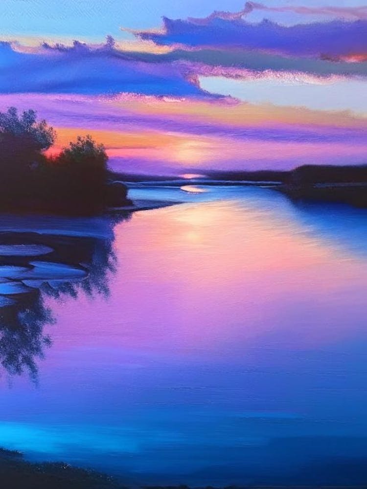 Sunset Over River Waterscape Marble Acrylic Painting 2