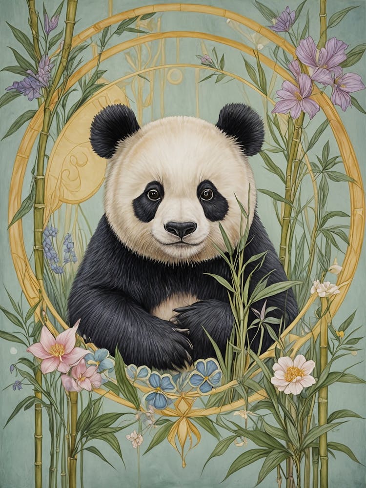 Panda Bear Bamboo Portrait In Pastel Colours