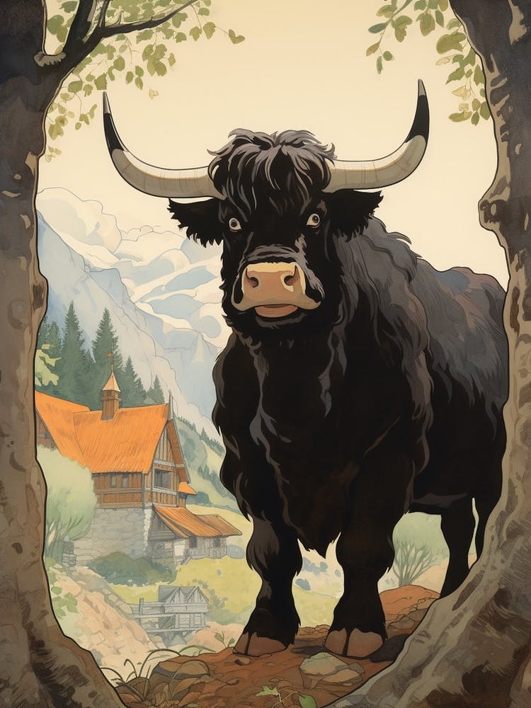 Black Bull With Picturesque Mountain Backdrop