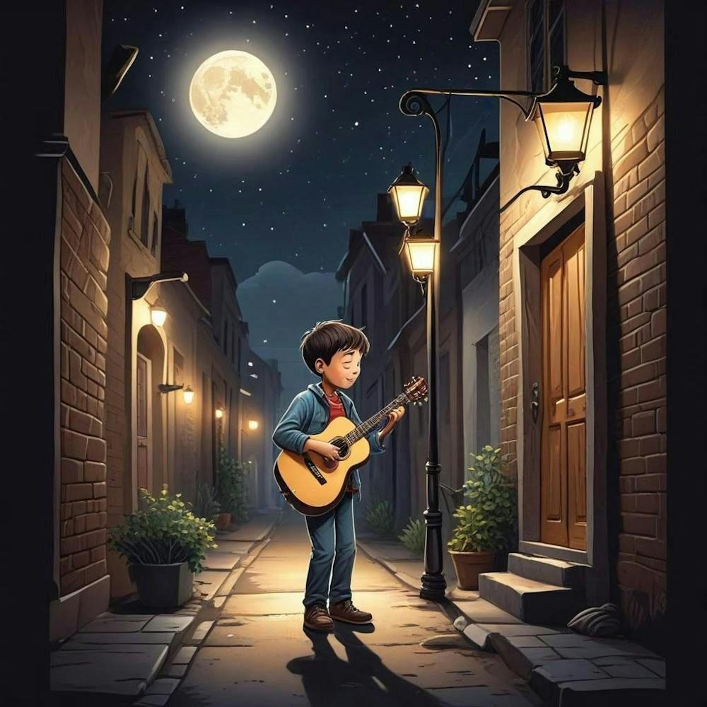 Young Boy With Gitaar In Moon Light (2)