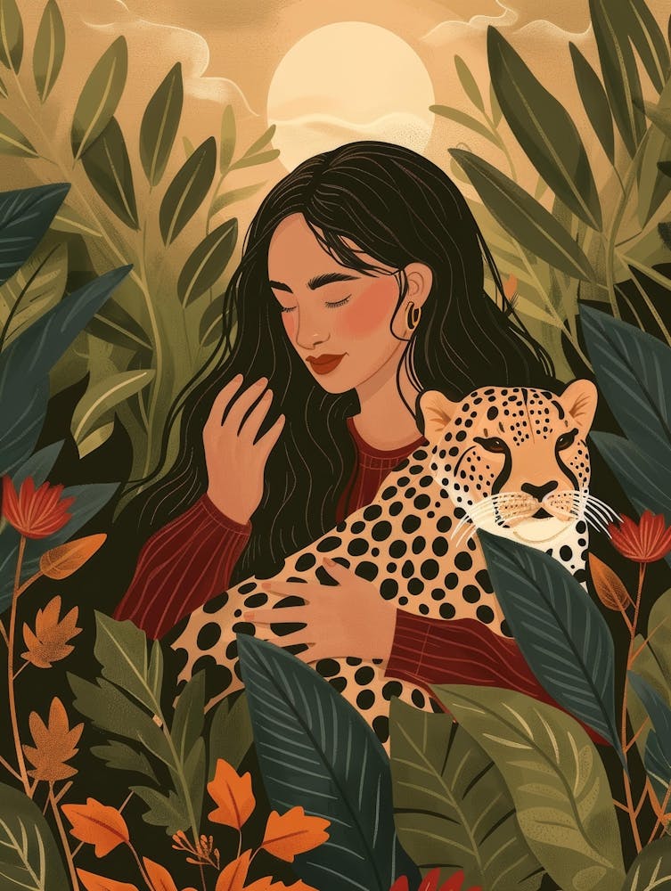 Girl With Leopard In The Jungle