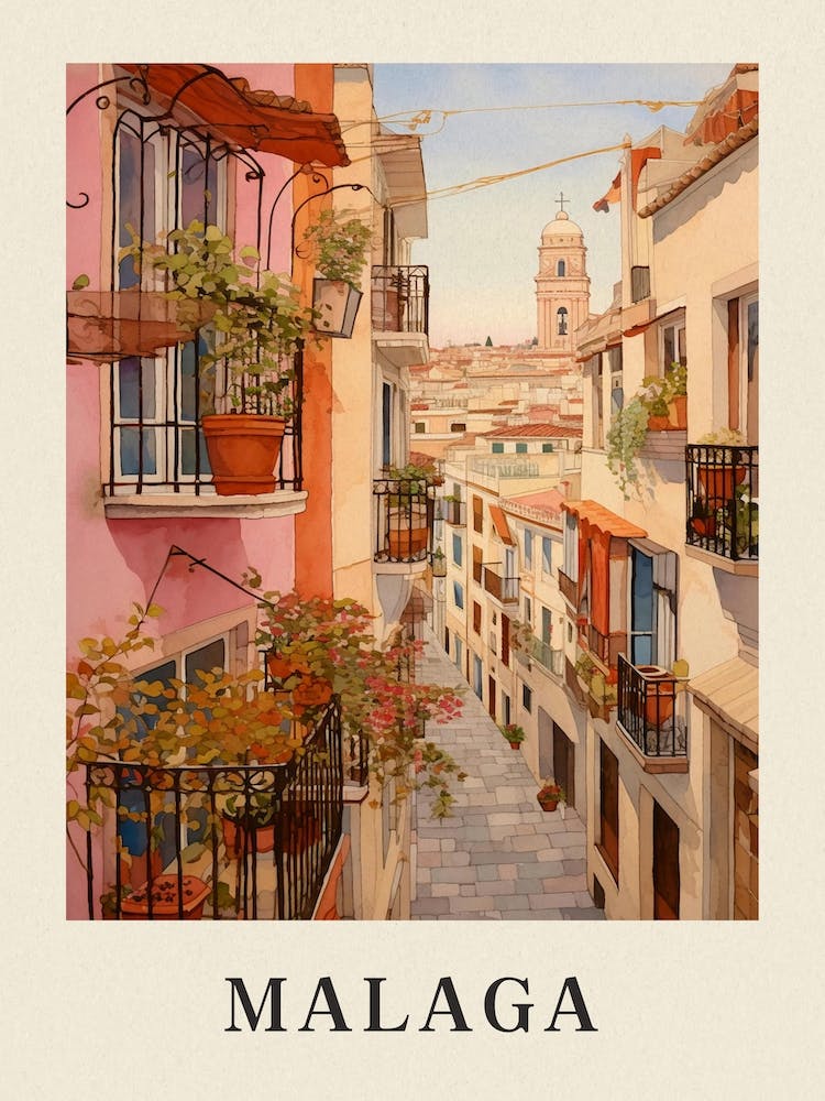 Malaga Spain 1 Vintage Pink Travel Illustration Poster