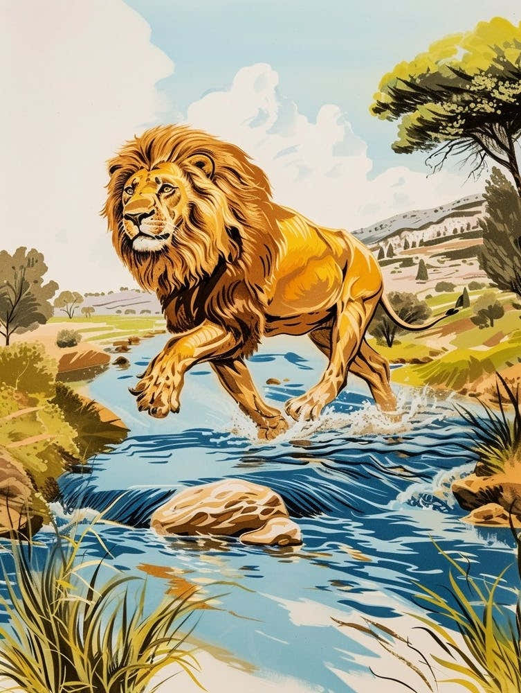 Barbary Lion Crossing A River Illustration 2