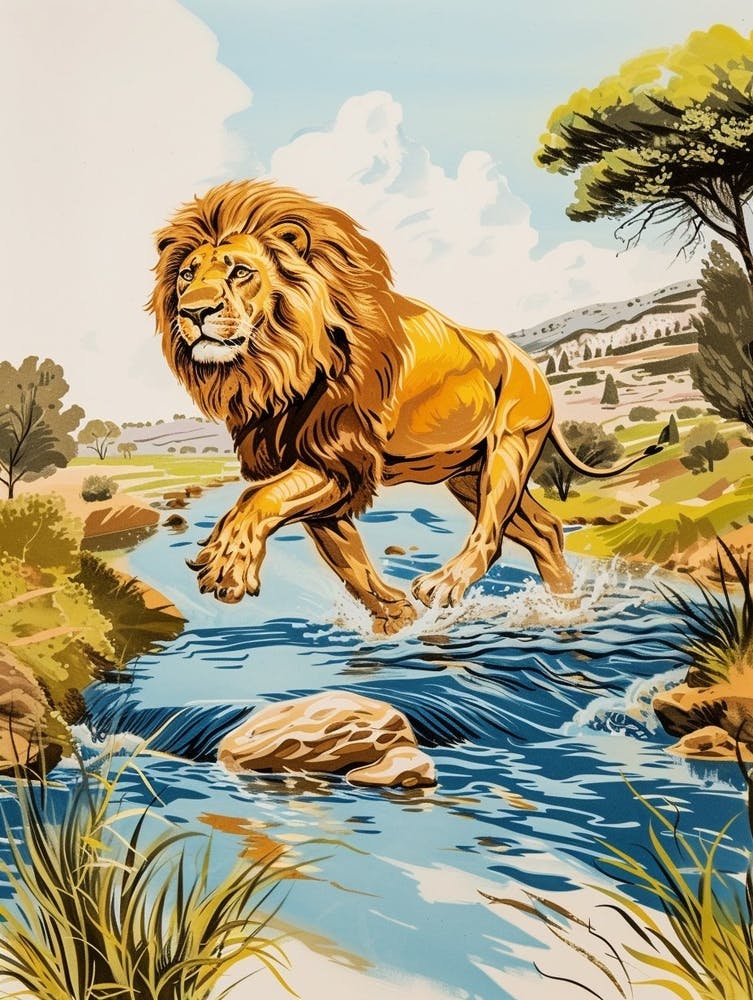Barbary Lion Crossing A River Illustration 2