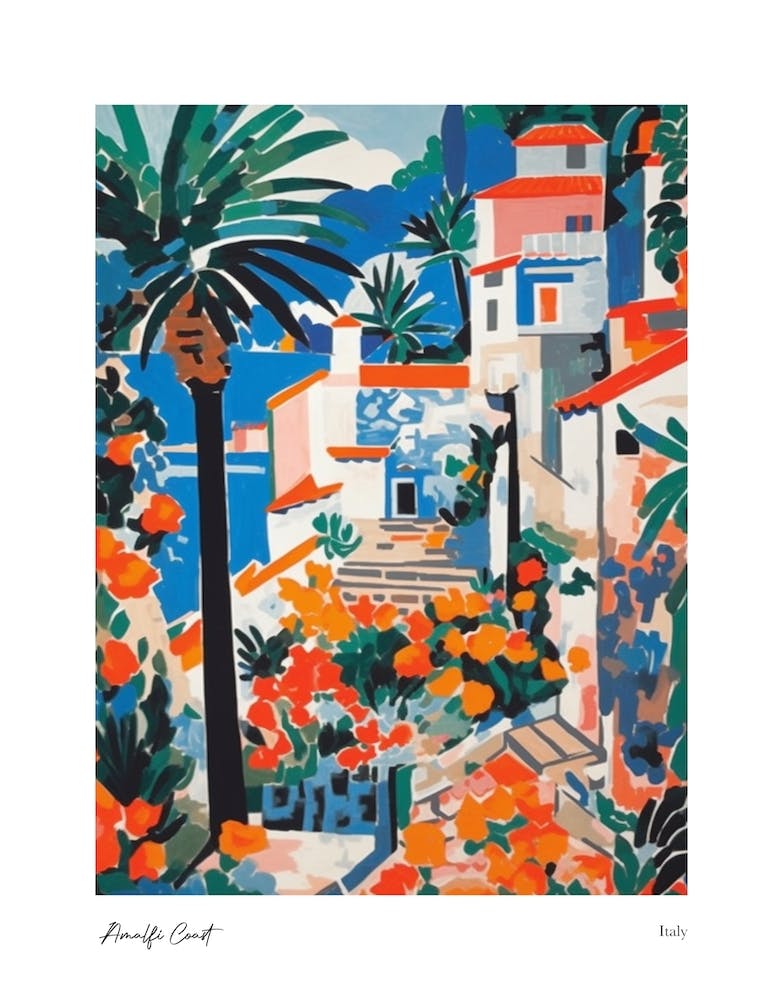 Amalfi Coast Matisse Style, Italy 4 Watercolour Travel Poster