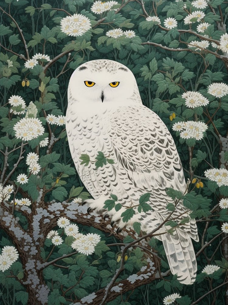 Ohara Koson Inspired Bird Painting Snowy Owl 3