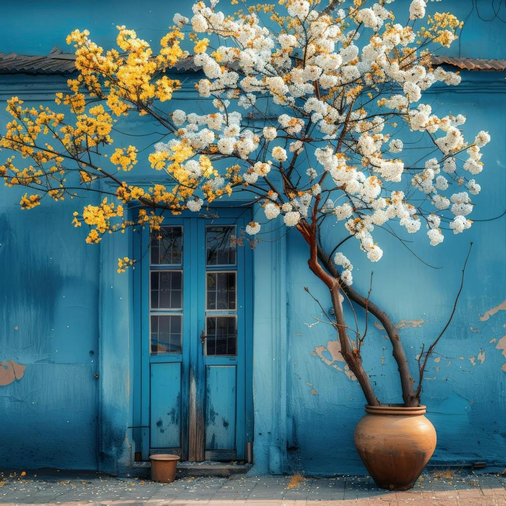 Tree In Front Of Blue House