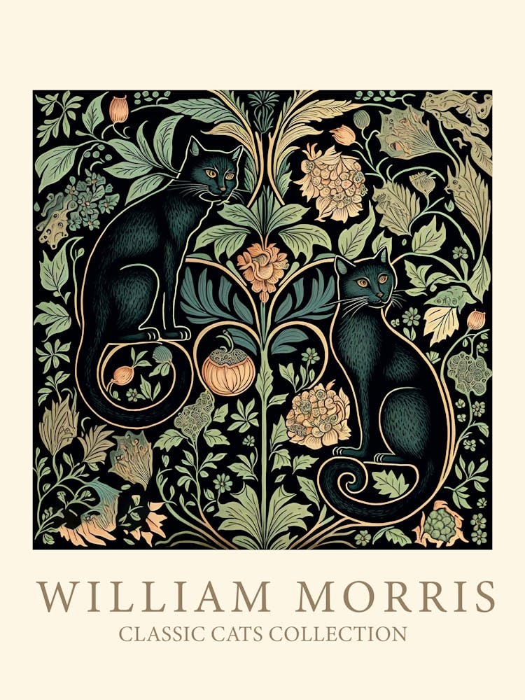 William Morris  Inspired Cats Collection Black And Green