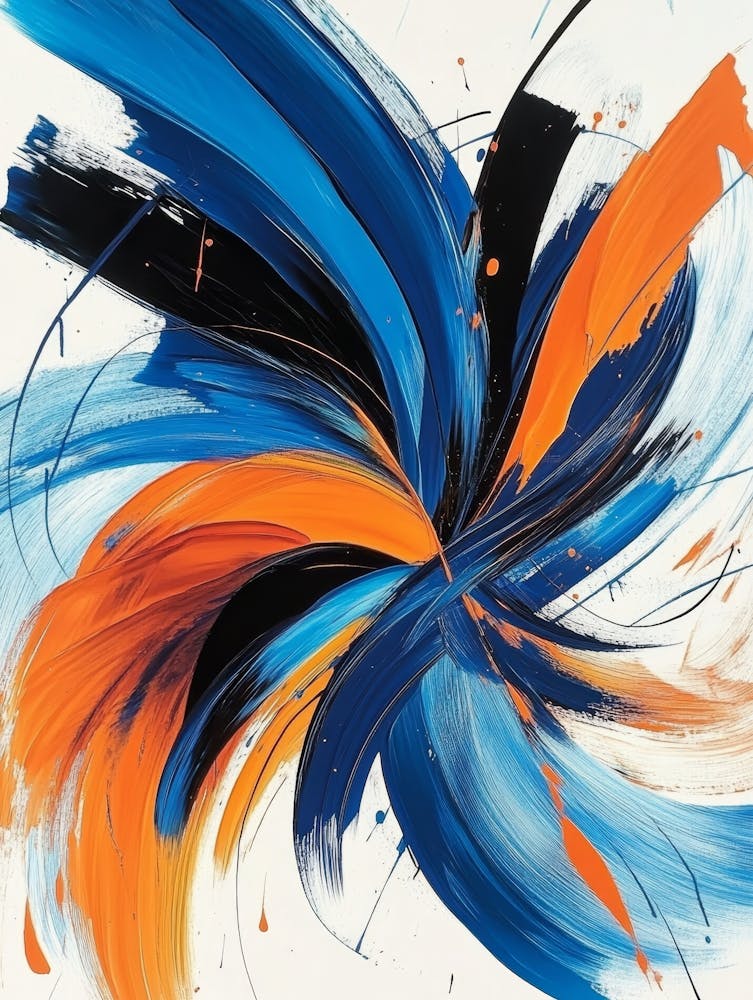 Ein abstraktes Gemälde mit kühnen, wirbelnden Pinselstrichen in Blau, Orange und Schwarz