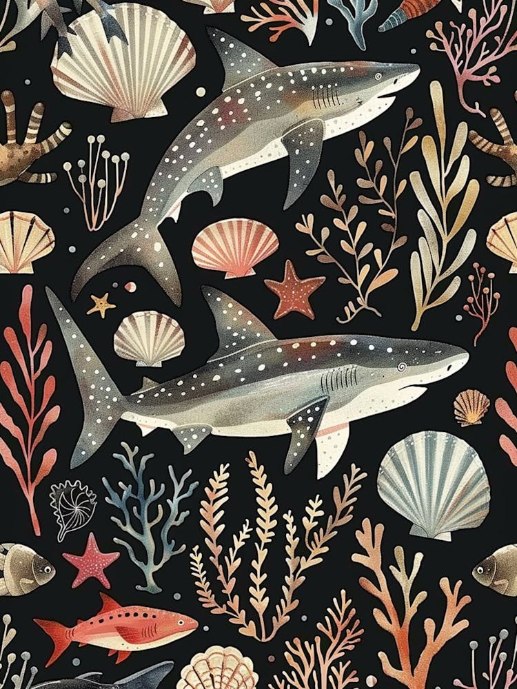 Smallscale Cookiecutter Shark Seascape Black Background Illustration 1