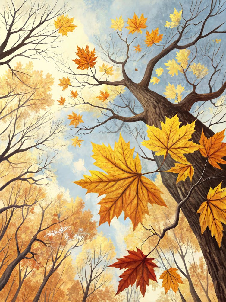 Oil Painting Style Golden Autumn Leaves In Sparse