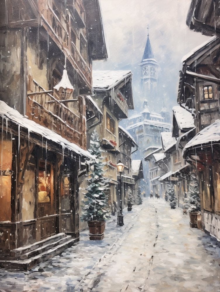 Vintage Winter Painting Hallstatt Austria 1