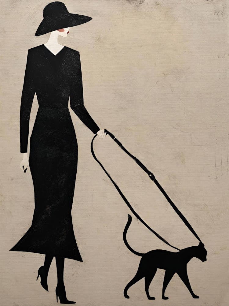 Art Deco Vintage beige and black 1930s Woman walking black cat
