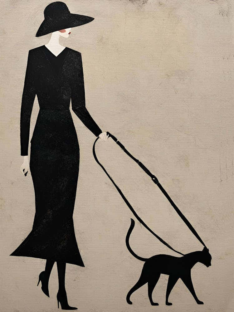 Art Deco Vintage beige and black 1930s Woman walking black cat