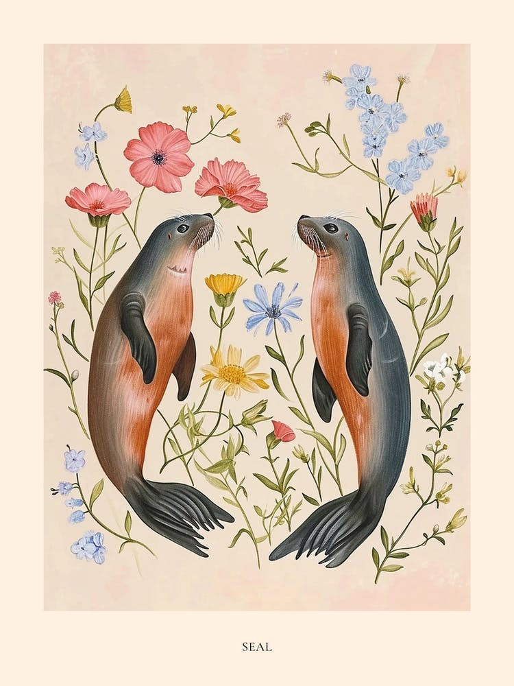 Folksy Floral Animal Drawing Seal 4 Poster