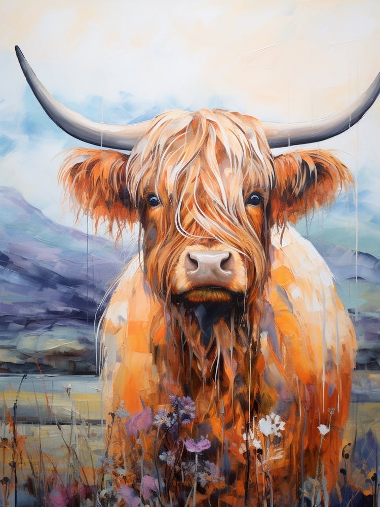 Illustration Of Highland Cow With Wildflowers 1