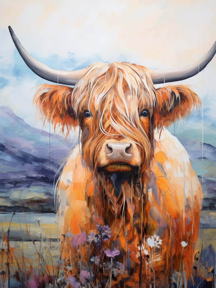 Illustration Of Highland Cow With Wildflowers 1