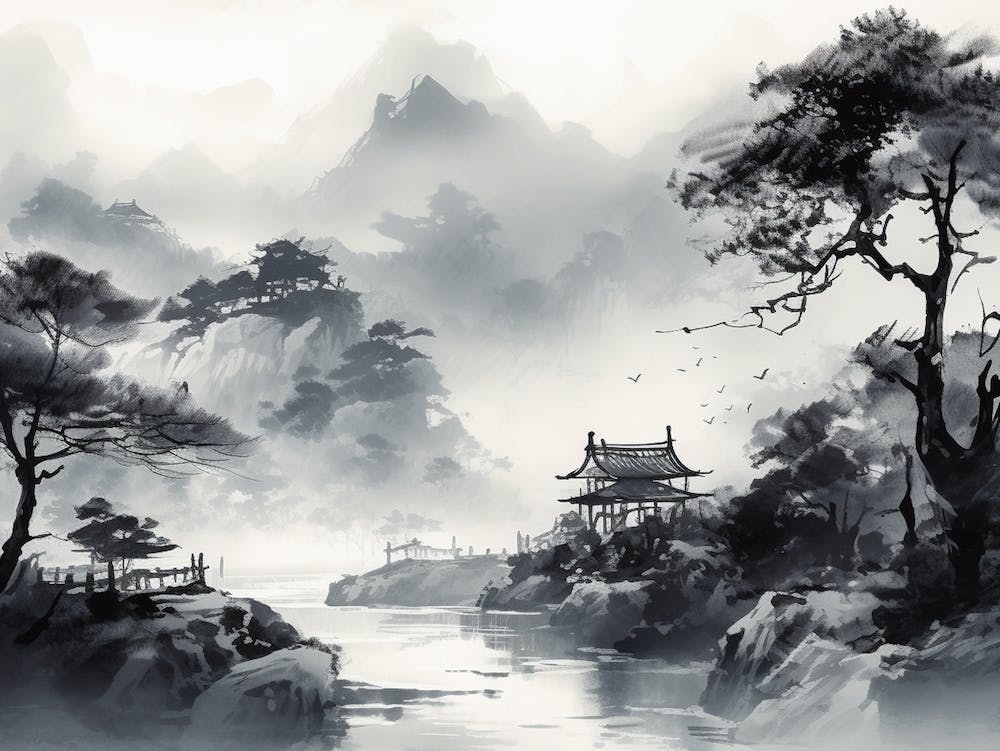 Black White Painting River Scene