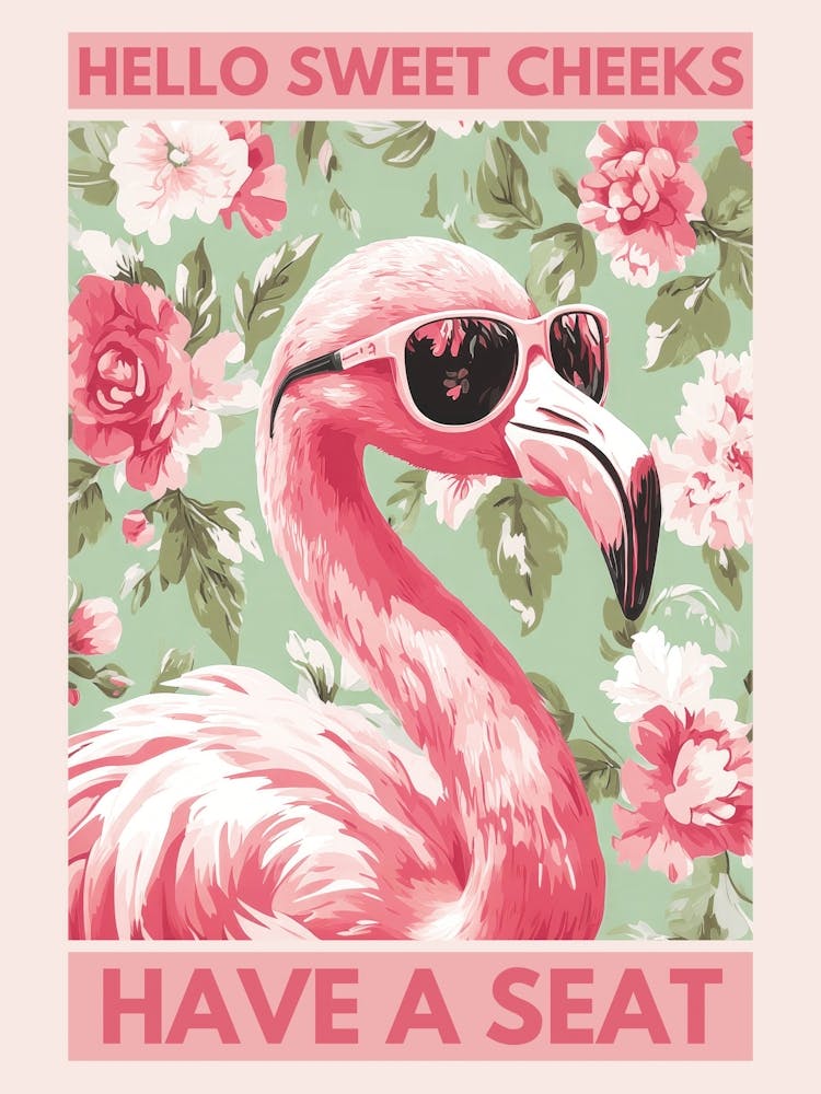 hello sweet cheeks have a seat Funny flamingo bathroom artwork in a playful kitsch aesthetic and pastel colors, colorful illustration in the style of 50s retro pop perfect for powder rooms, quirky spaces