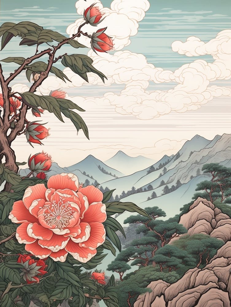 Benifuuki Japanese Tea Camellia 2 Japanese Botanical Illustration