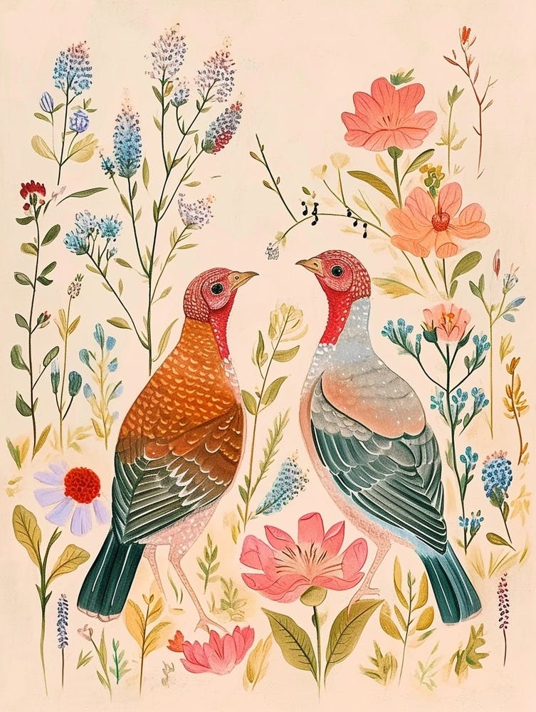 Folksy Floral Animal Drawing Turkey 3