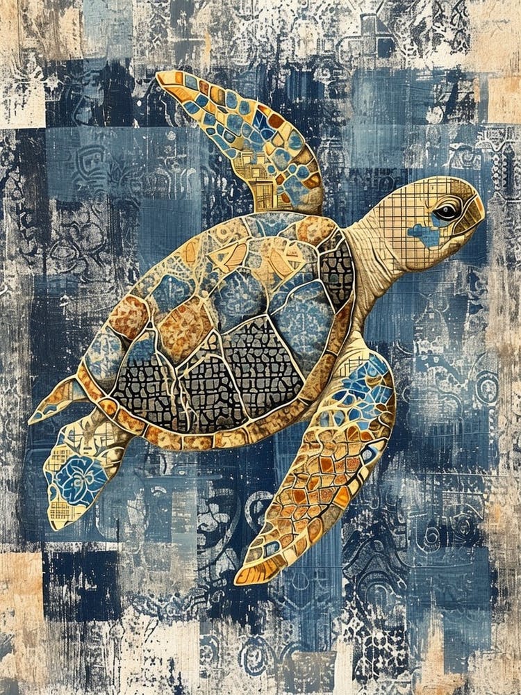 Navy Blue Tiled Sea Turtle Collage