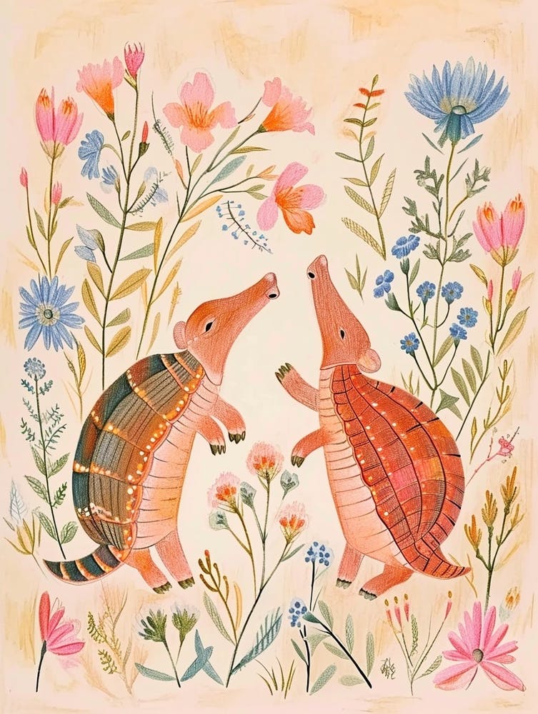 Folksy Floral Animal Drawing Armadillo 2