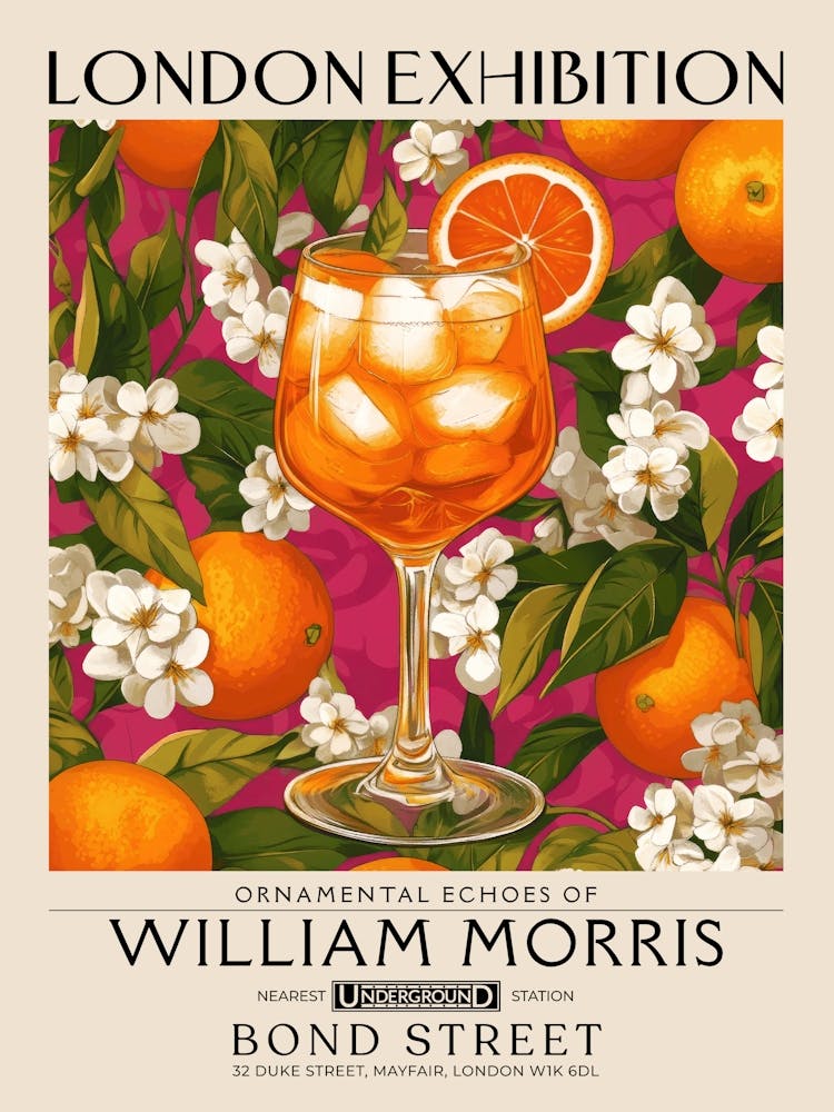 Aperol Spritz cocktail print William Morris style maximalist floral art, summer inspired drink wall art vintage botanical still life eclectic decor for bar cart, living room, kitchen, dining room 4