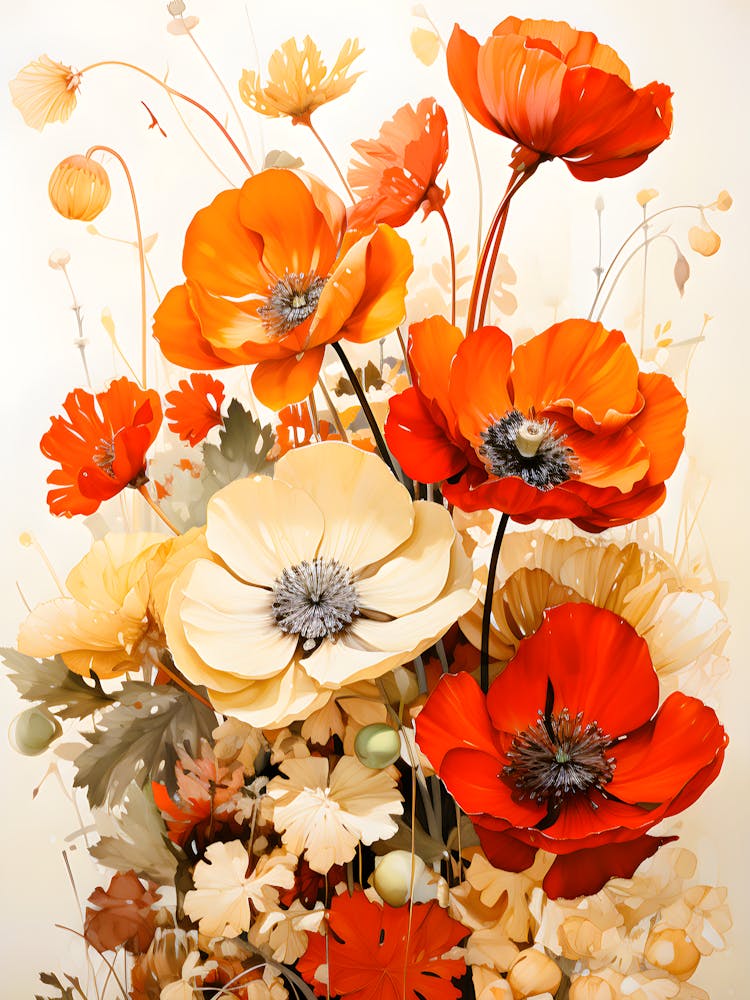 Vibrant Digital Poppy Art Floral Elegance In Red & Cream