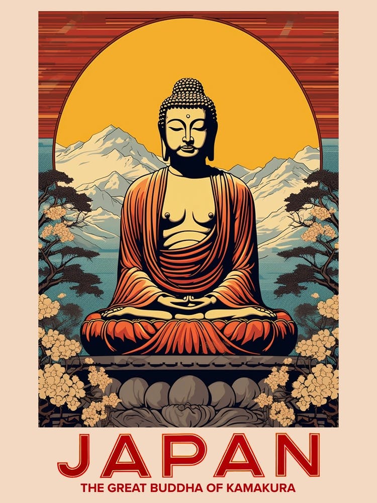The Great Buddha Of Kamakura, Visit Japan Vintage Travel Art 2