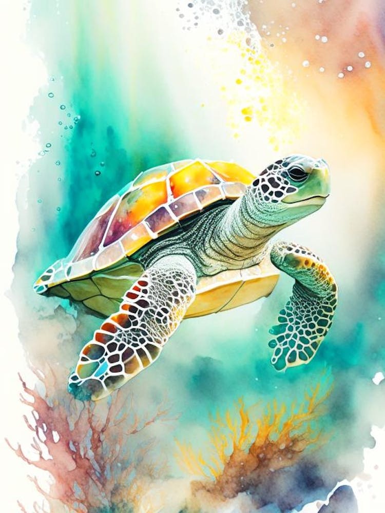 A Single Sea Turtle In Coral Reef, Sea Turtle Storybook Watercolours 4
