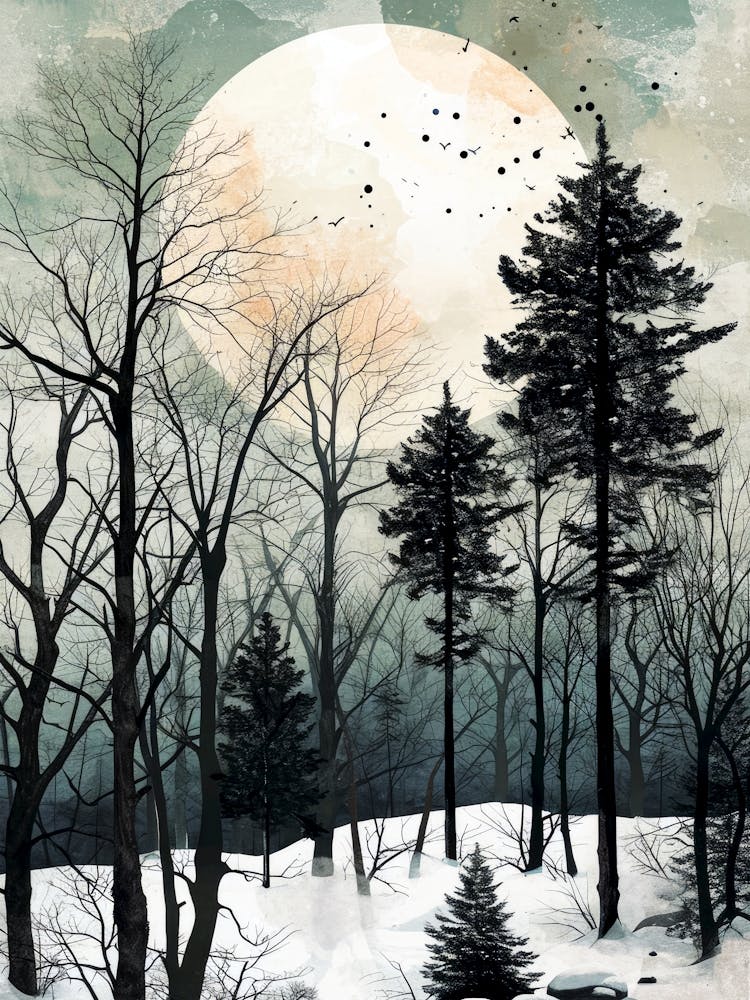 Full Moon In The Woods watercolor landscape
