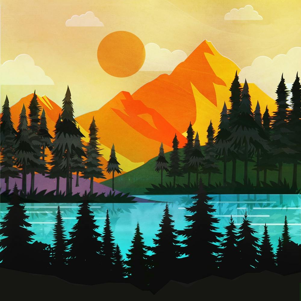 Colorful sunset near the peaceful forest lake