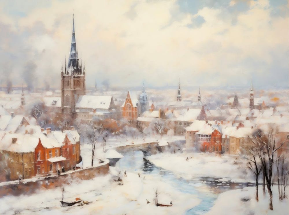 Vintage Winter Cityscape Painting Rustic European Snowy Village Print Neutral Winter Print Christmas Printable Wall Art Christmas Decor