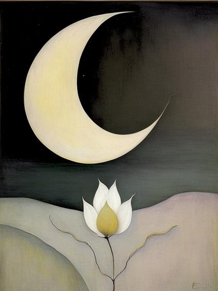 Croissant de Lune et Lotus Peinture Abstraite