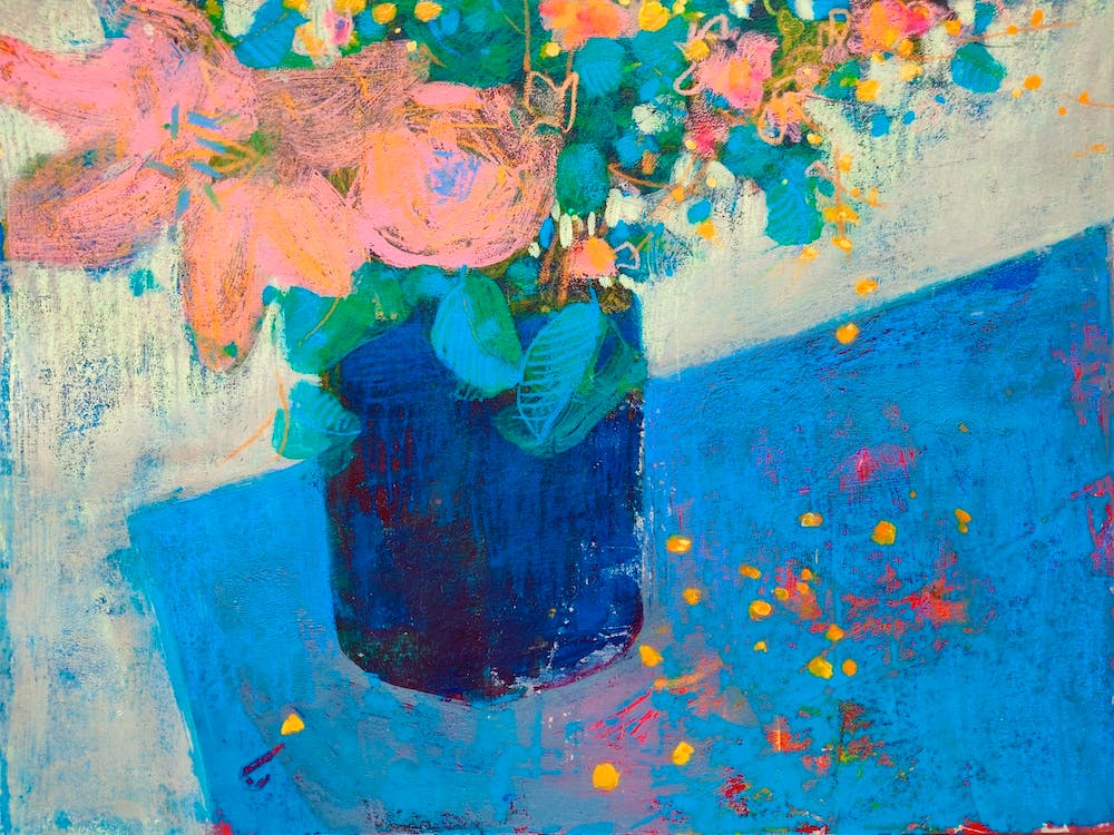 Pink Flowers Bouquet In Indigo Vase