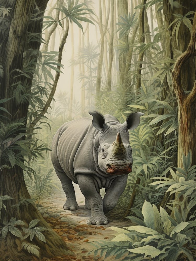 Rhino In The Trees Realistic Illustration 1