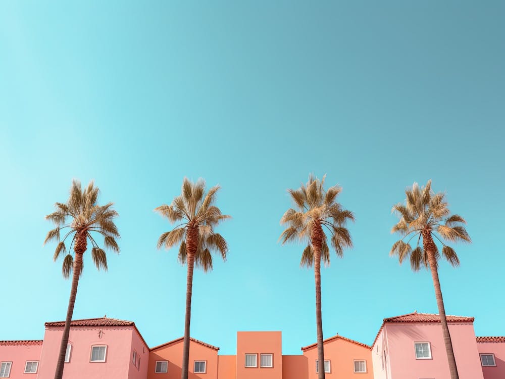 Row Of Pastel Colour Houses And Palm Treen On The Beach Summer Photography