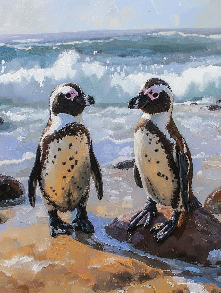 African Penguin Boulders Beach Simons Town Oil Painting 2