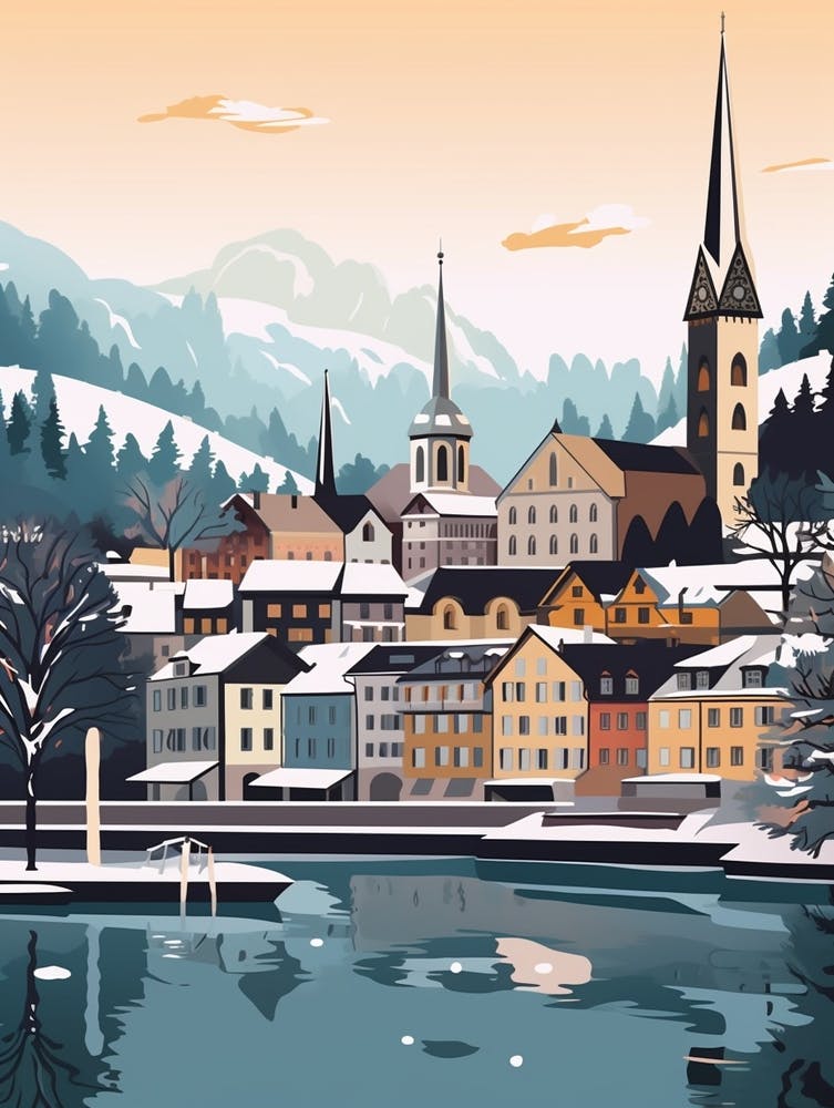 Vintage Winter Travel Illustration Lucerne Switzerland 2