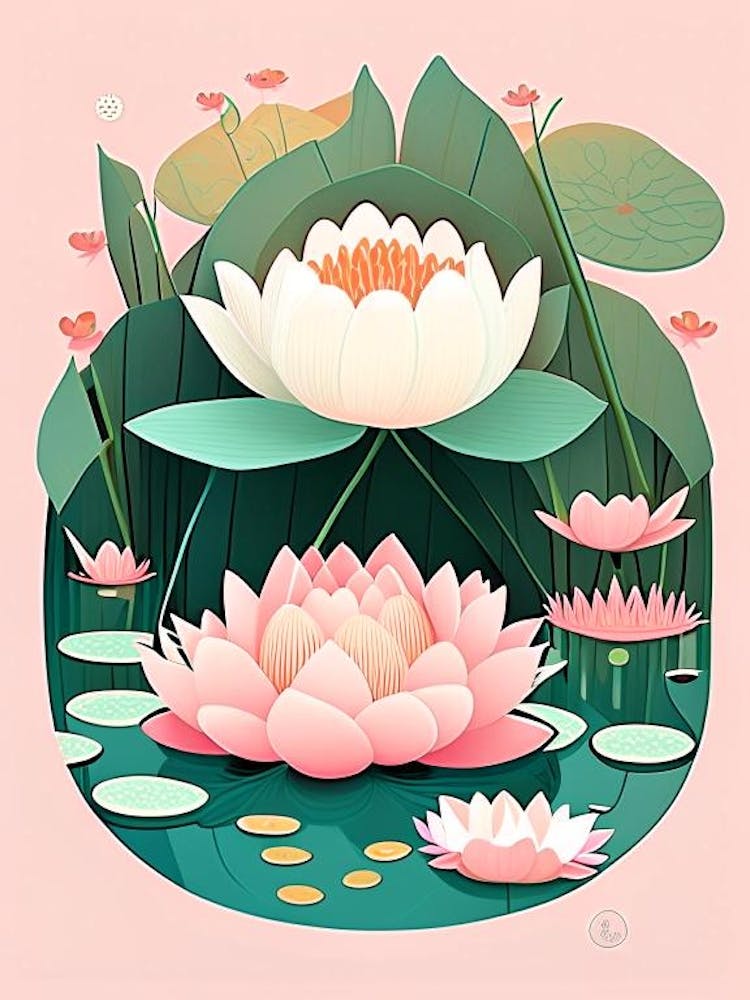 Blooming Lotus Flower In Pond Scandi Cartoon 2