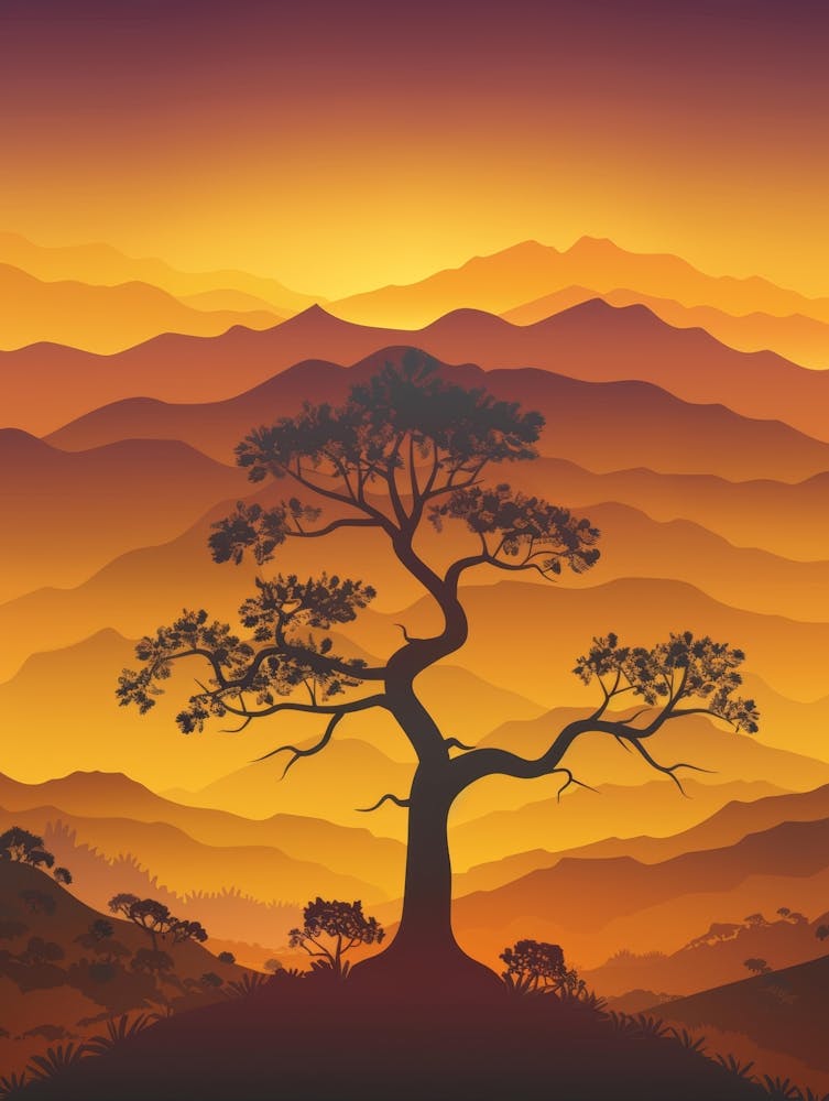 Paysage au Coucher de Soleil Avec Arbre Solitaire