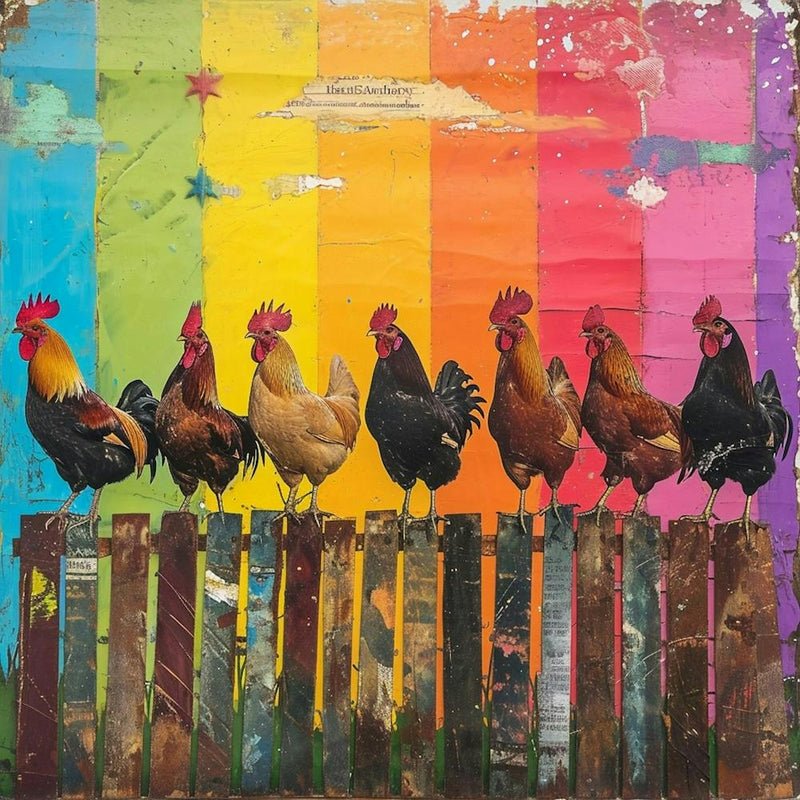 Rainbow Retro Chickens On The Fence 2