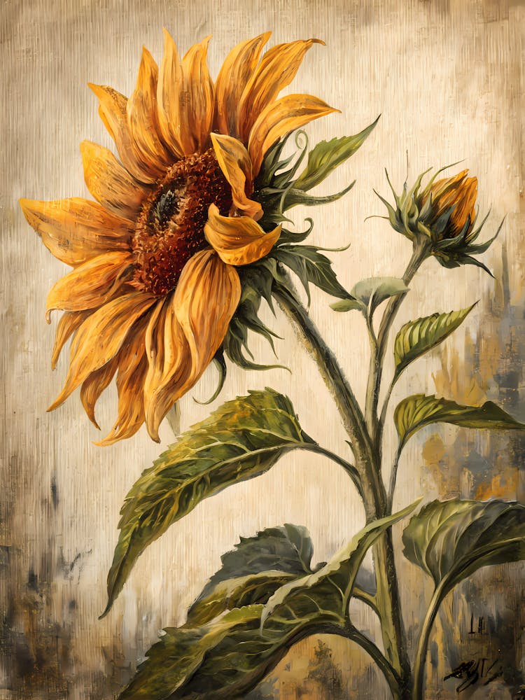 Oil Painting Style Sunflower Burst On Textured