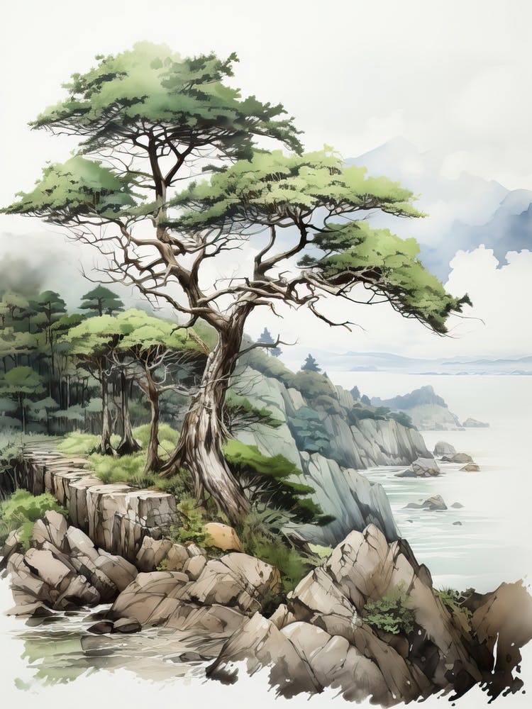 Yakushima Island In Kagoshima, Japanese Brush Painting, Ukiyo E, Minimal 4