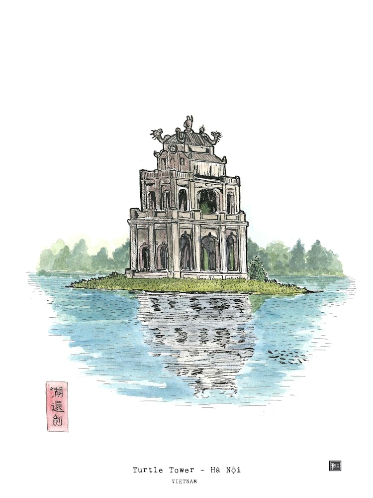 Turtle Tower Hanoi Vietnam Watercolor Illustration