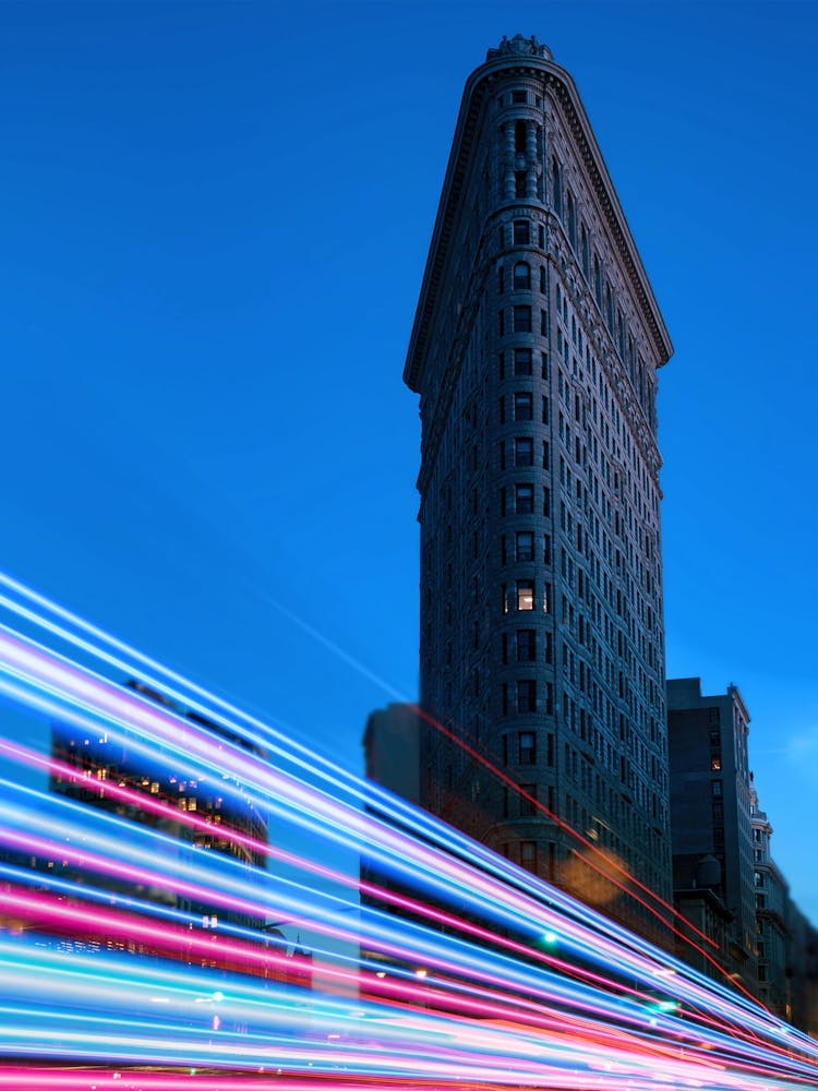 Neon city: New York, Flatiron Building (synthwave/vaporwave/retrowave/cyberpunk) — aesthetic poster, neon poster